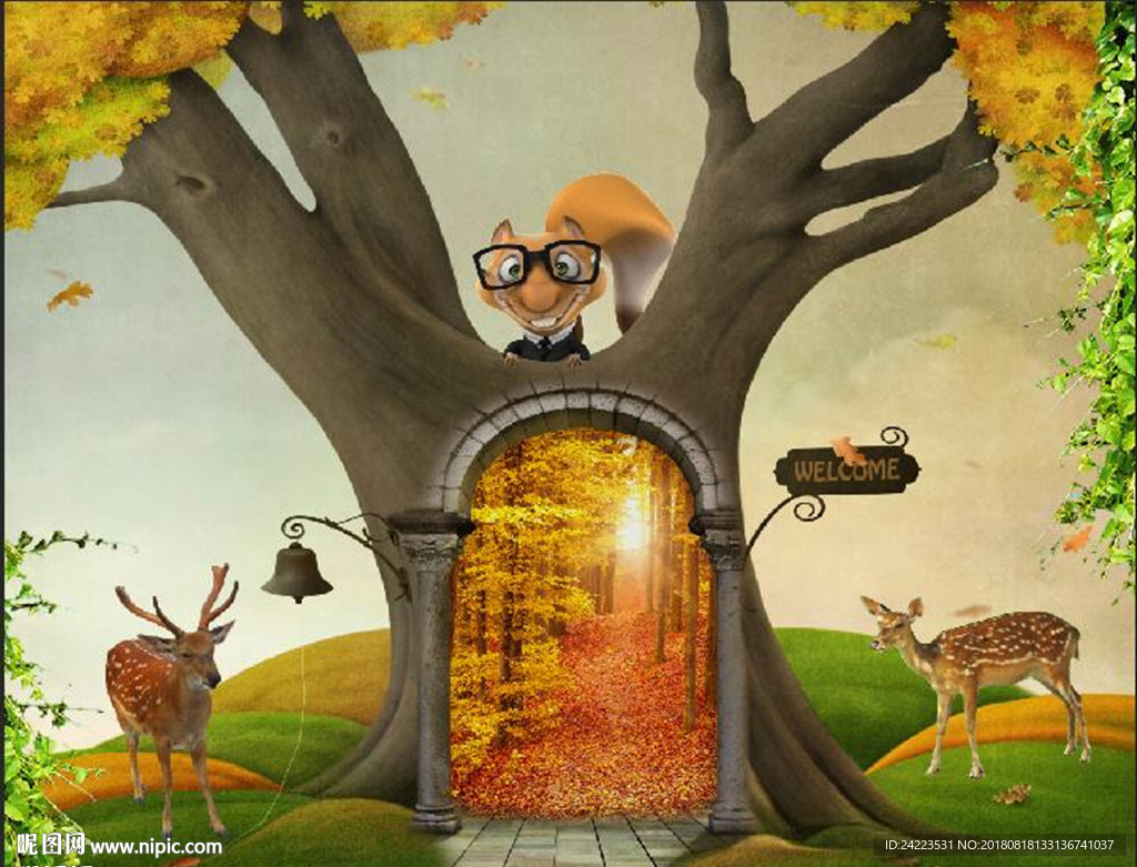 唯美童话世界小鹿大树松鼠背景墙
