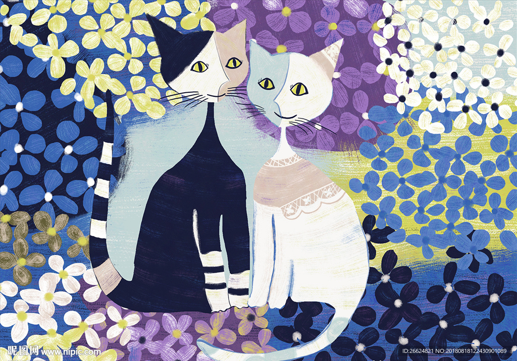 家纺床品枕套油画抽象猫素材