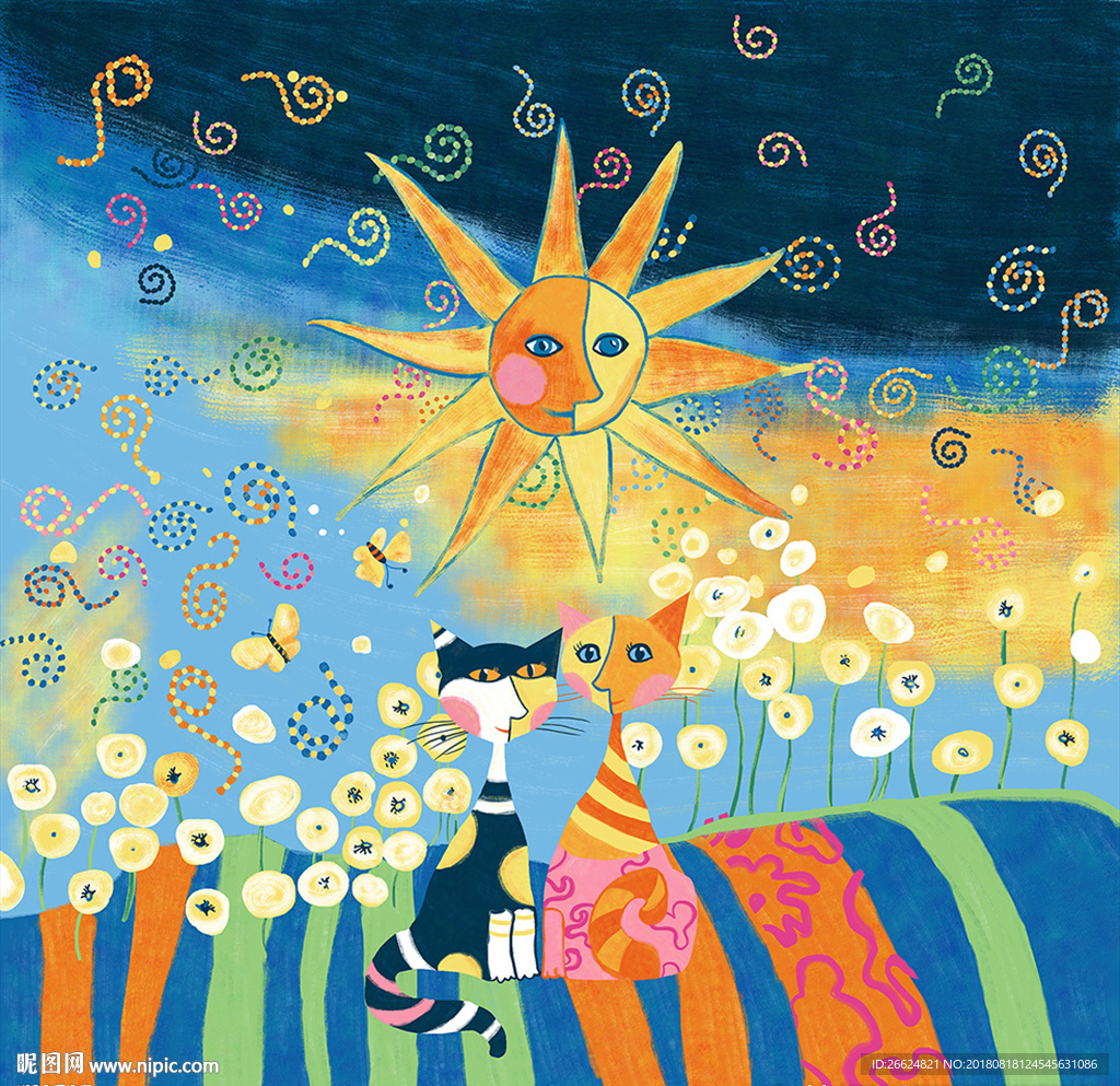 家纺床品手绘抽象猫油画素材