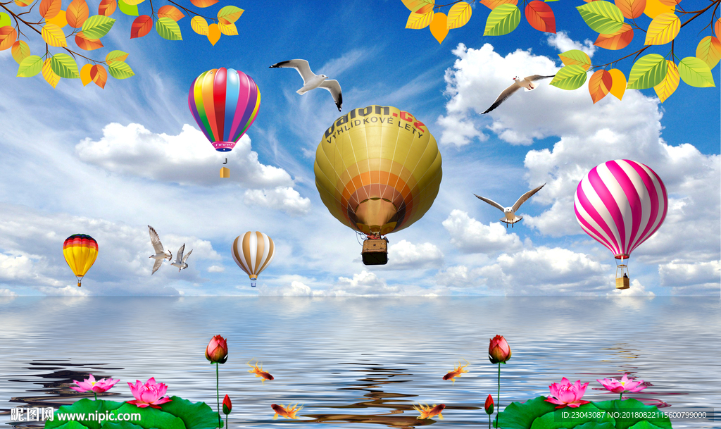 高清海水风光蓝天白云热气球背景