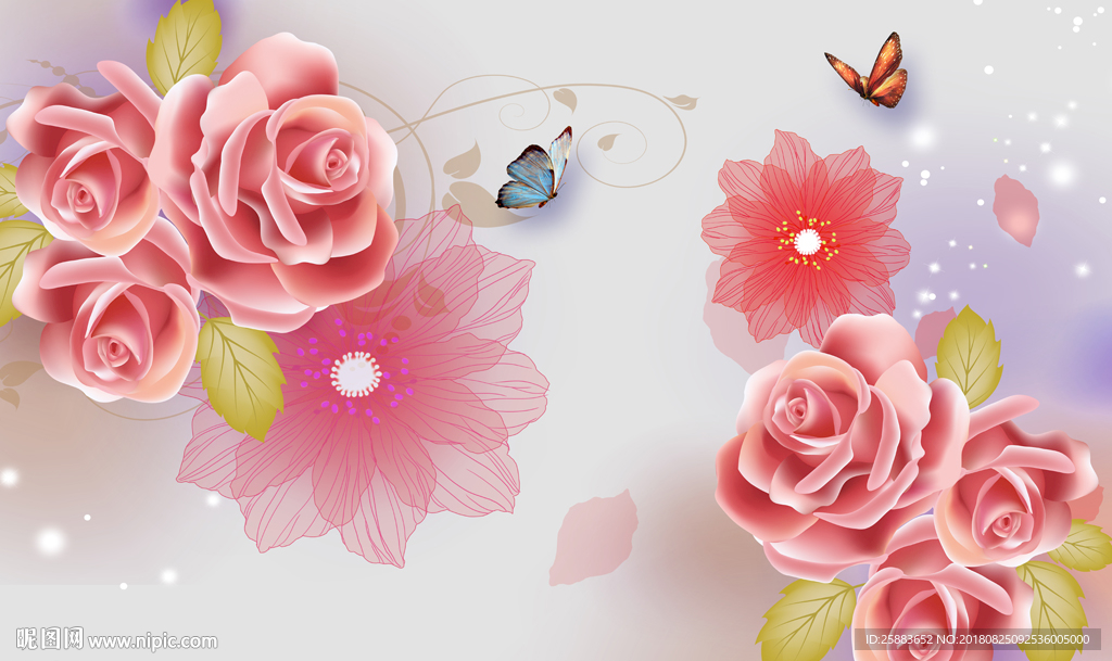 高清时尚玫瑰花3D电视背景墙