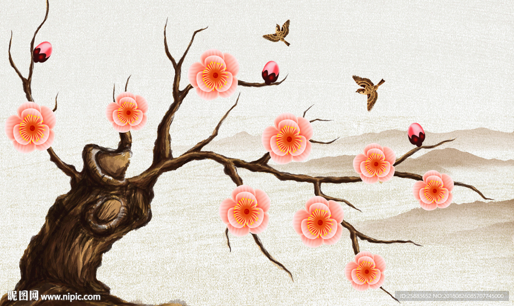 梅花山水电视背景墙