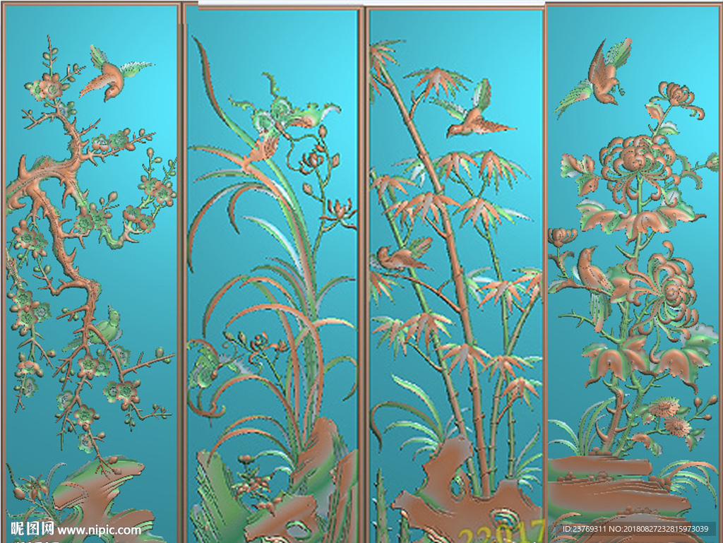 梅兰竹菊花鸟屏风挂屏仿古精雕图