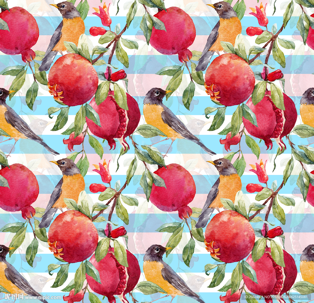 家纺床品服装印花手绘石榴小鸟图