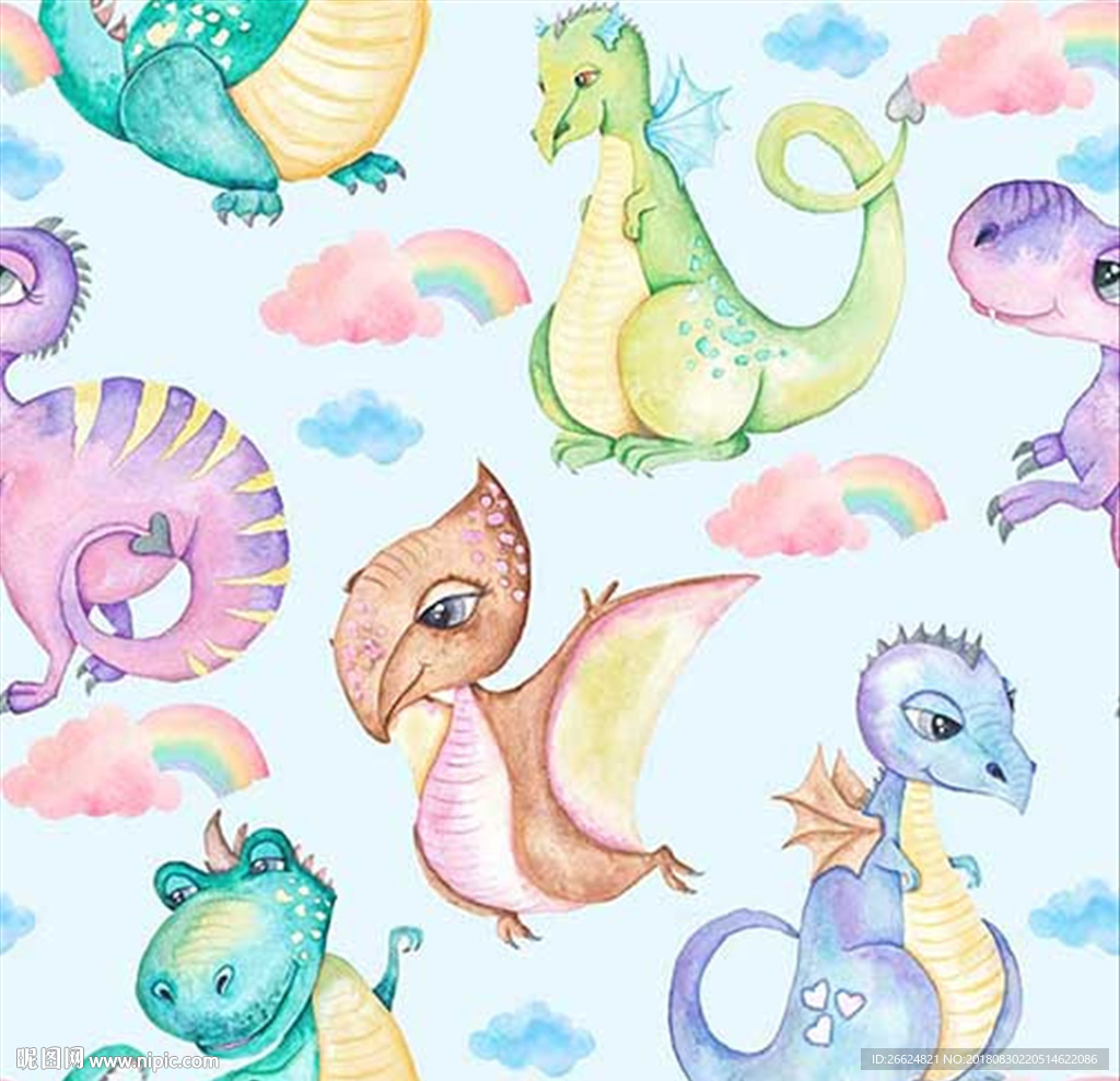 家纺手绘水彩恐龙图案素材