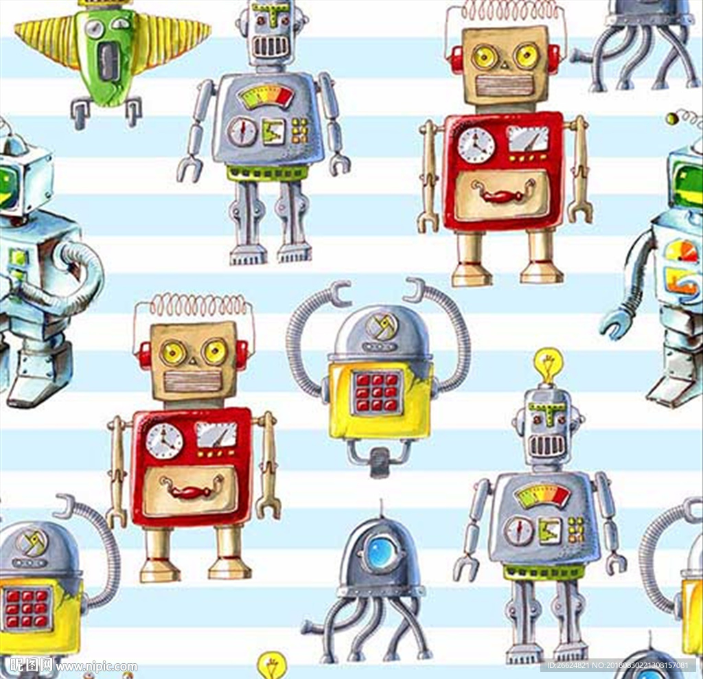 手绘可爱卡通机器人素材图案