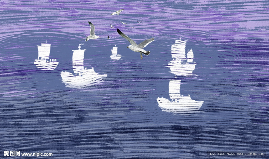 现代油画帆船海鸥背景墙