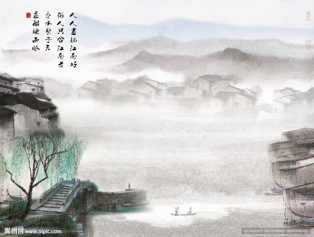 新中式江南水乡春柳中国风背景墙