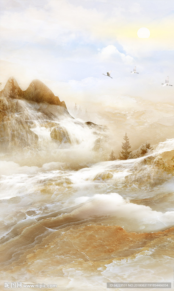 大理石山水流水生财石纹背景墙