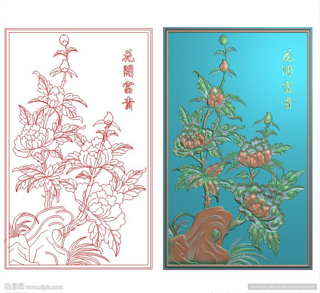 四季花牡丹花开富贵精雕浮雕灰度