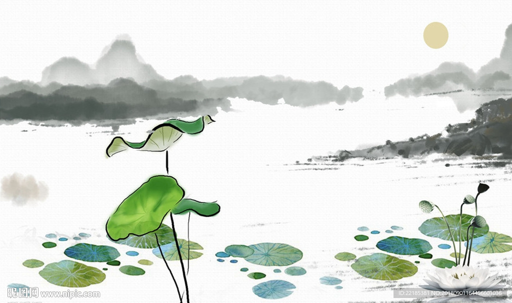 新中式小清新荷叶山水风景背景墙