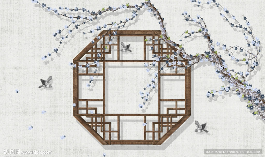 古典漏窗花枝框景背景墙