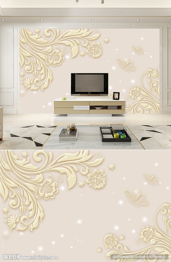 3D立体玉雕花电视背景墙