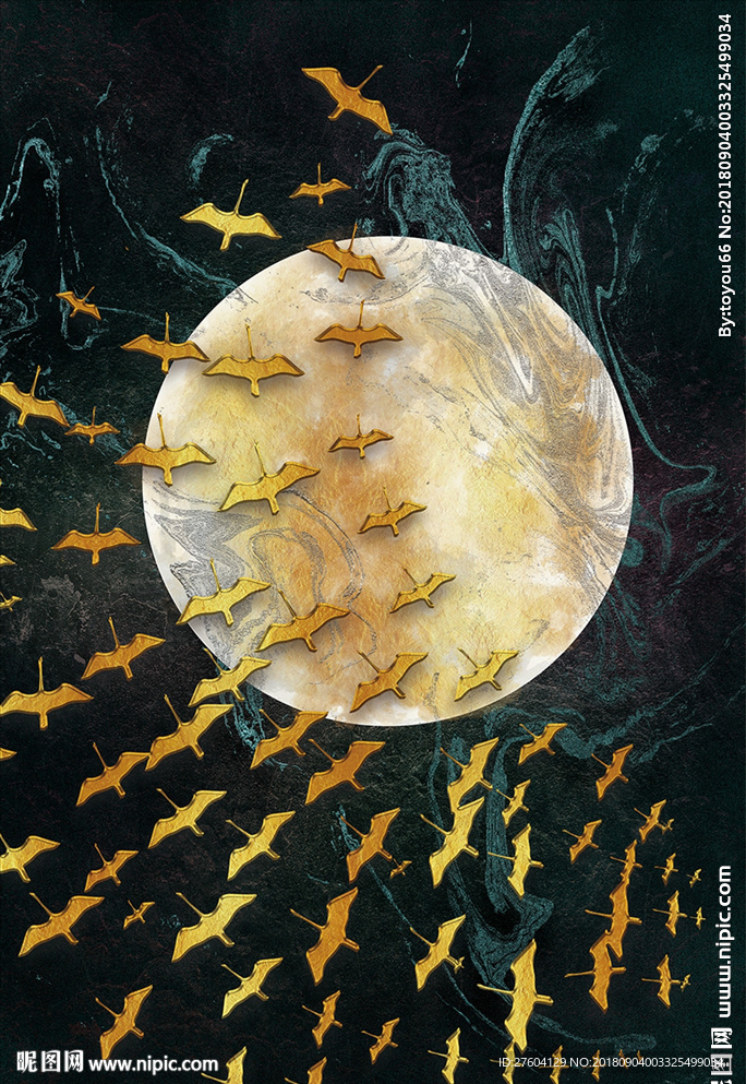 质感金箔浮雕飞鸟月球装饰画