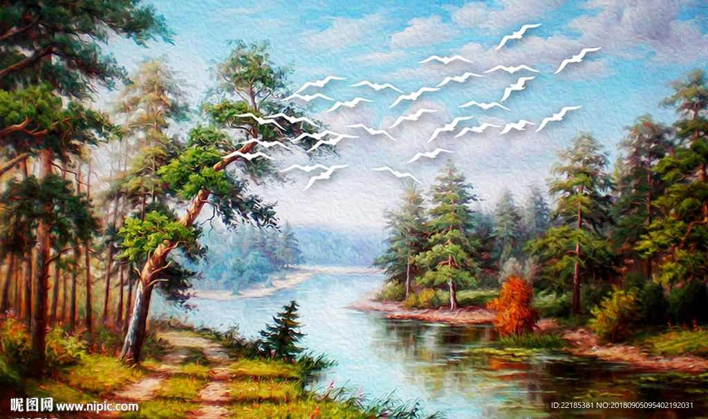 唯美手绘油画风景背景墙