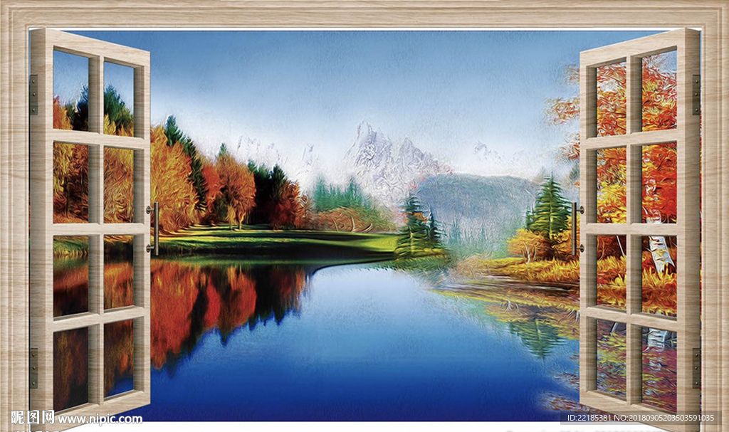 立体门窗唯美风景油画背景墙