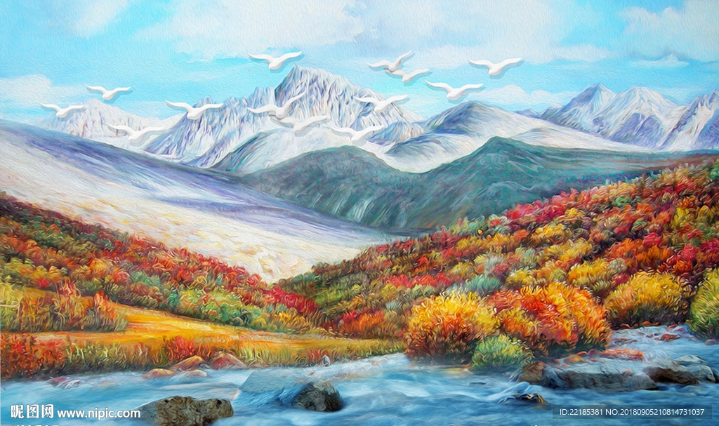 唯美山水风景油画背景墙