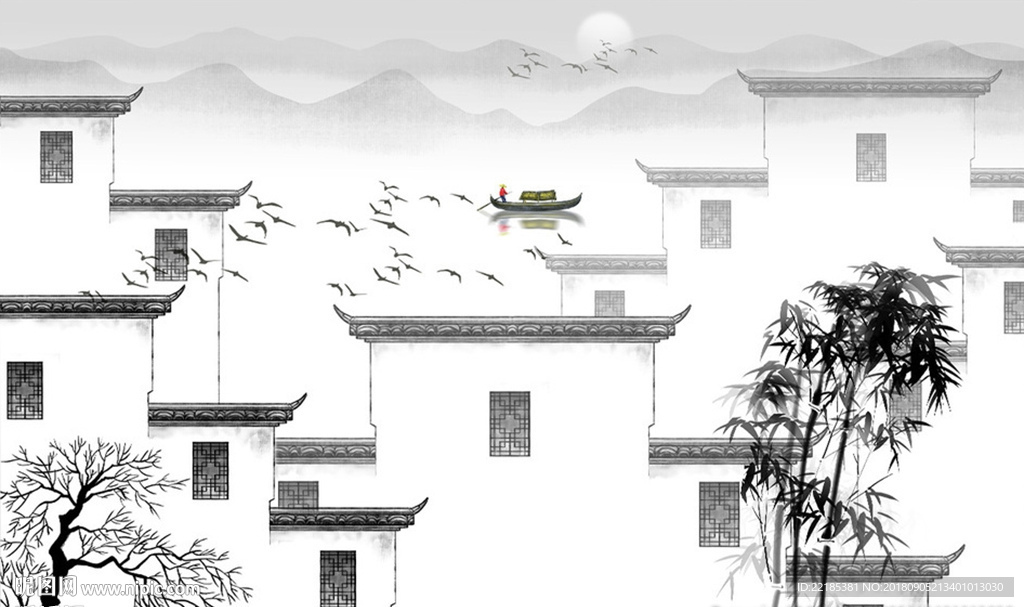 中式手绘徽派建筑马头墙背景墙