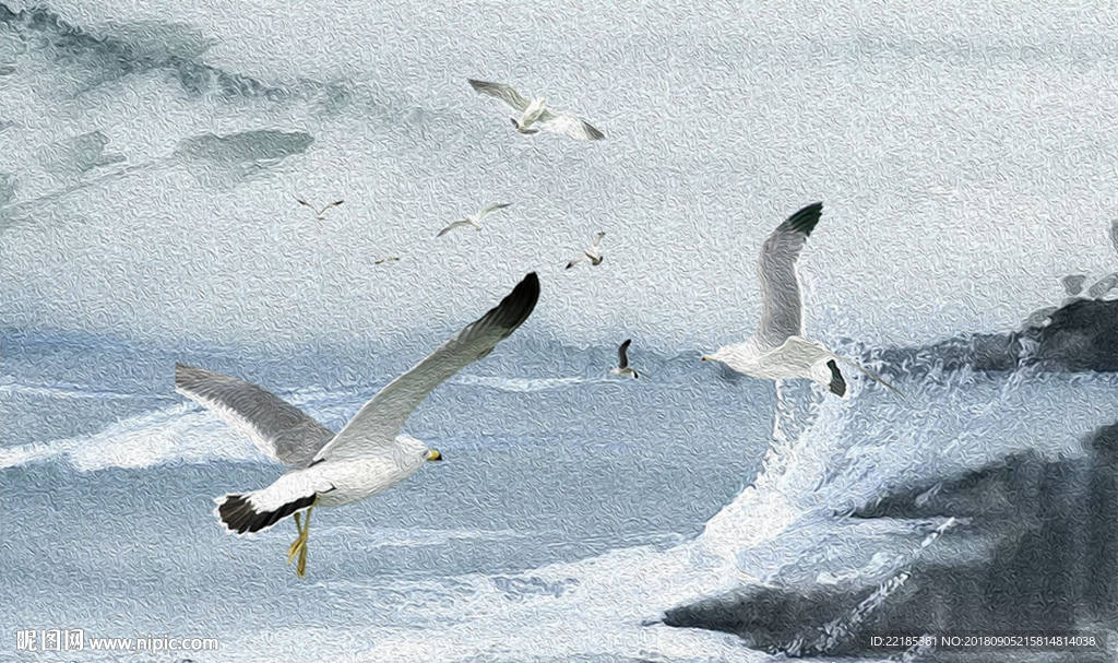 现代油画海景房海鸥拍浪背景墙
