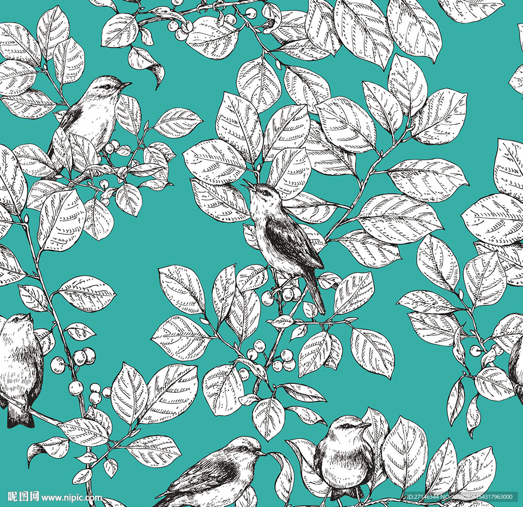 手绘小鸟树叶矢量无缝图案