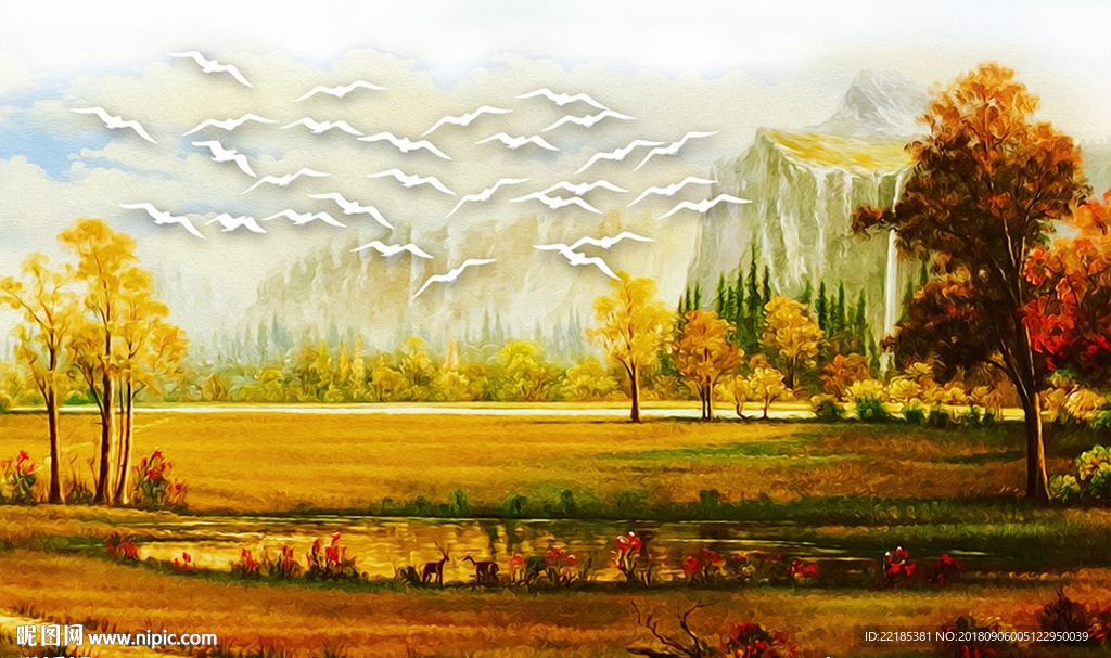 唯美现代山水风景油画背景墙