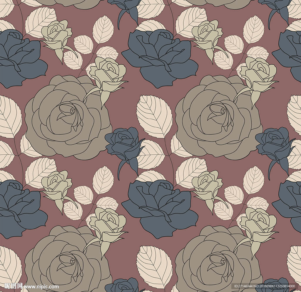 复古手绘鲜花矢量无缝图案