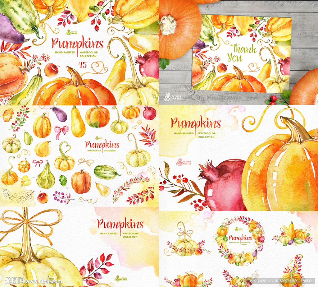 手绘水彩南瓜石榴西瓜