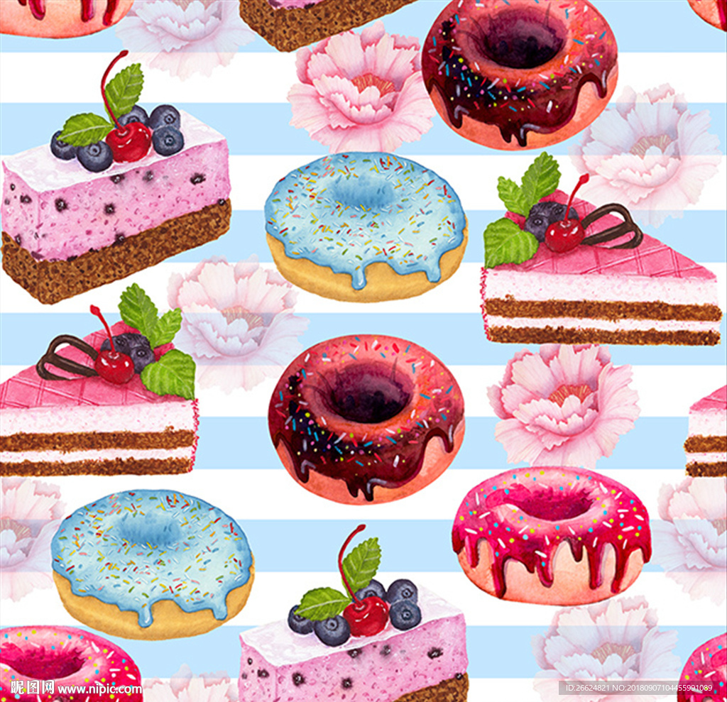 手绘甜食蛋糕甜甜圈图案素材