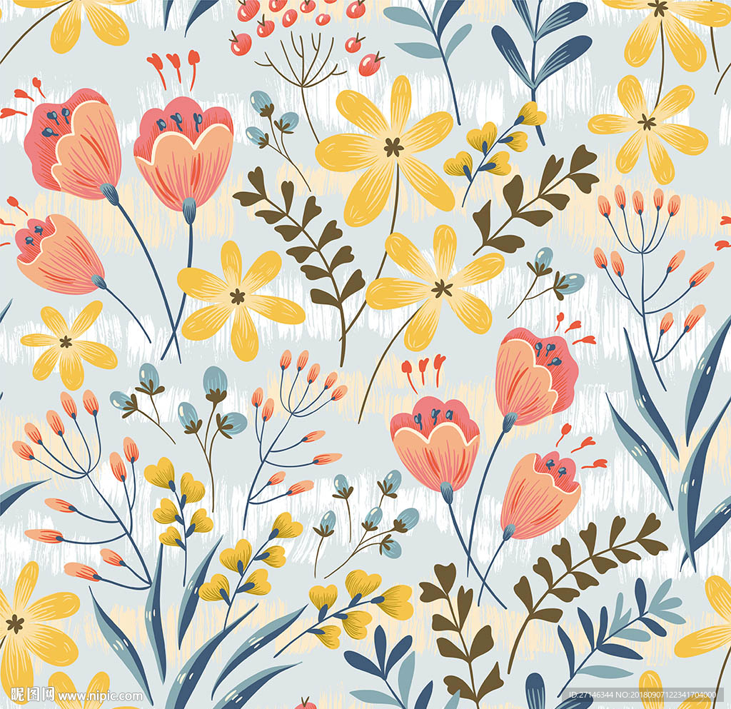 手绘鲜花矢量无缝图案