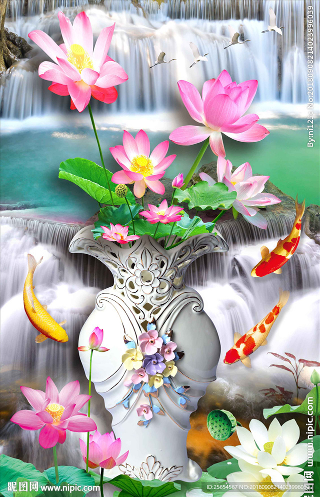 富贵平安3D荷花花瓶玄关过道