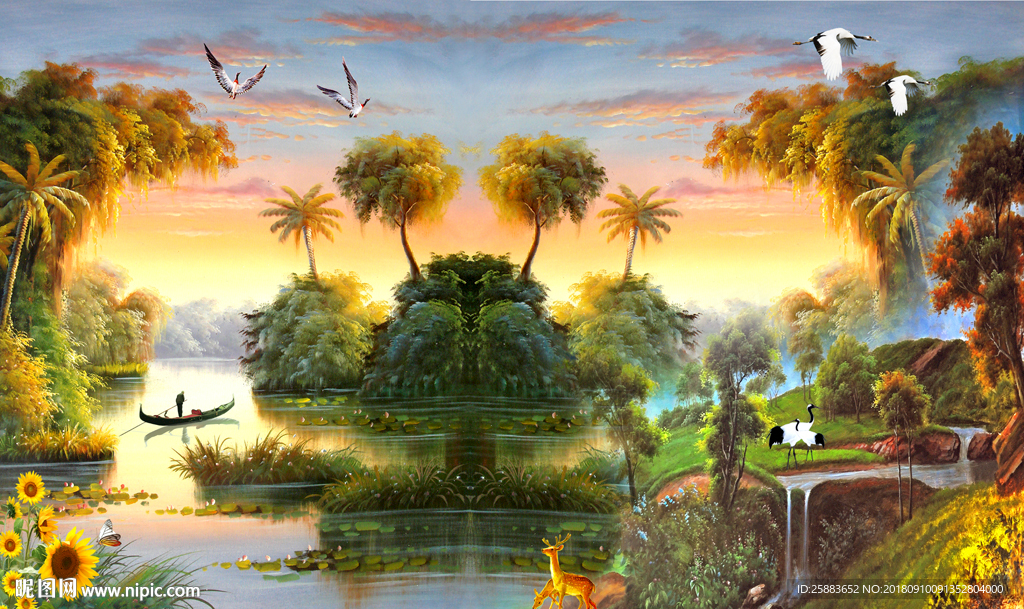 山水油画电视背景墙