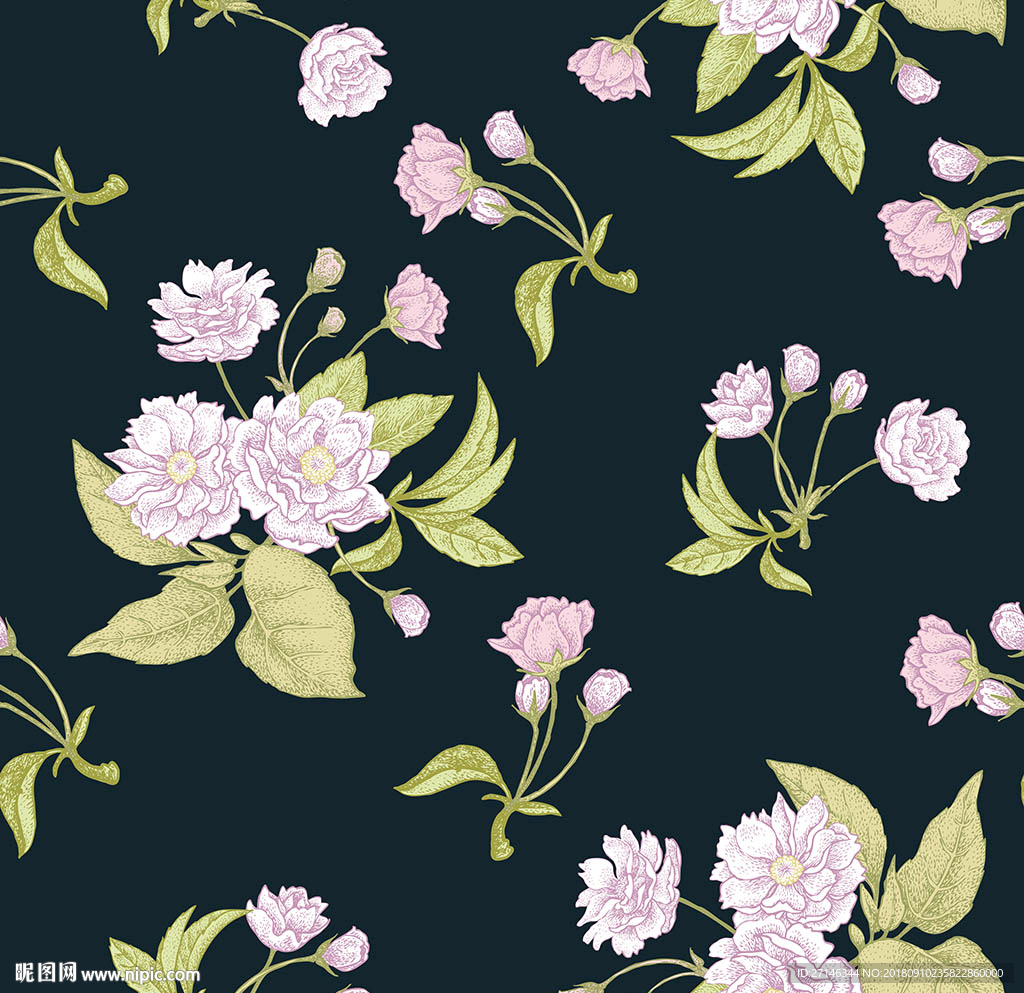 手绘鲜花矢量无缝图案