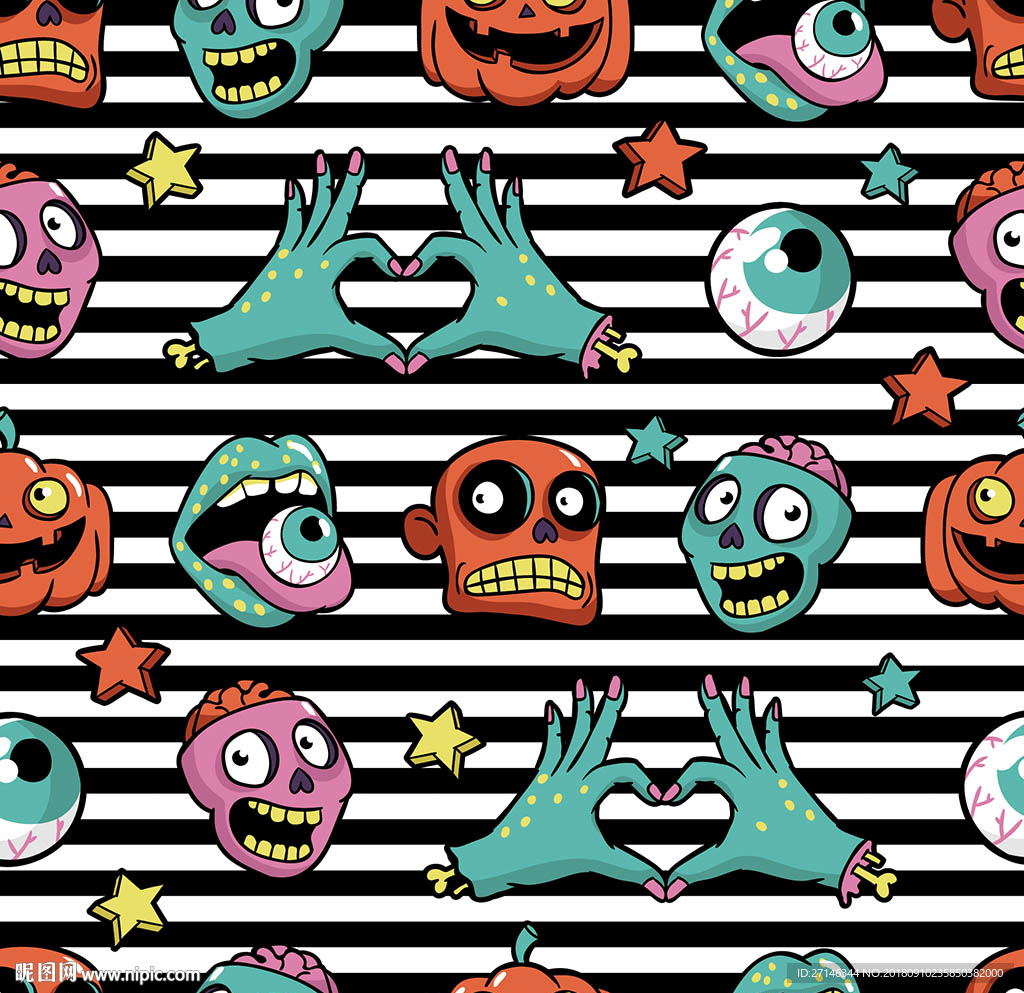 嘻哈朋克爱心手势矢量无缝图案