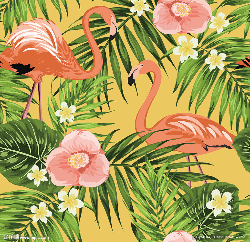 火烈鸟植物花鸟矢量无缝图案