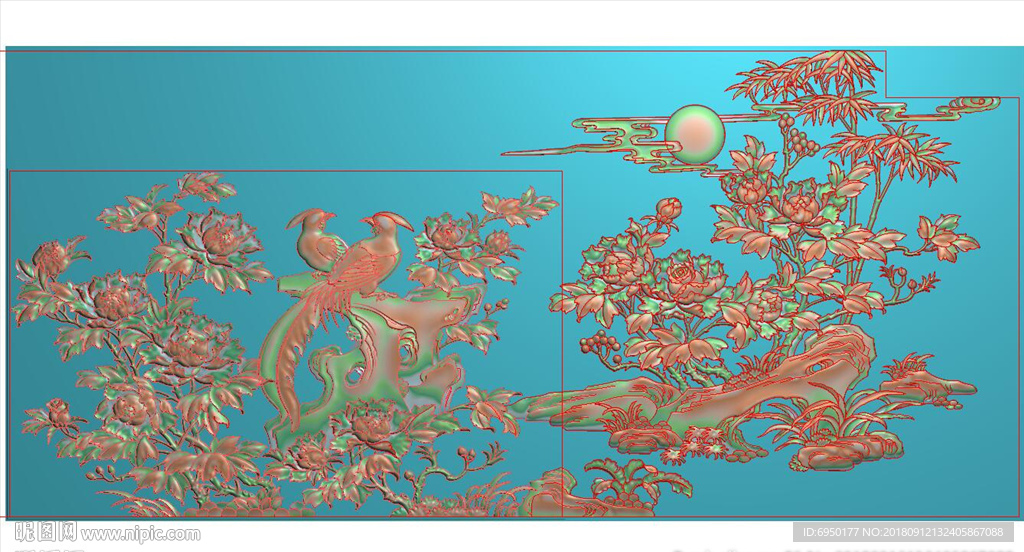 牡丹花鸟国色天香月亮挂屏精雕图