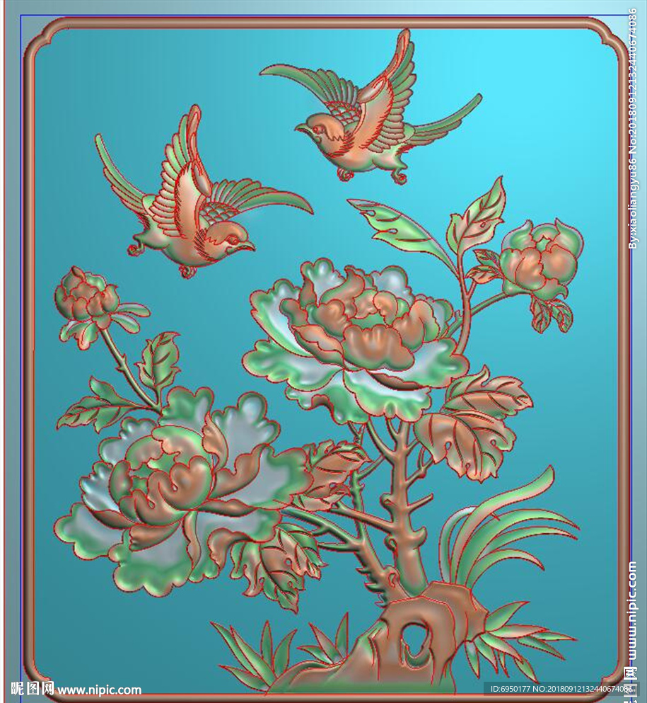 花鸟牡丹花背板牡丹鸟门板精雕图