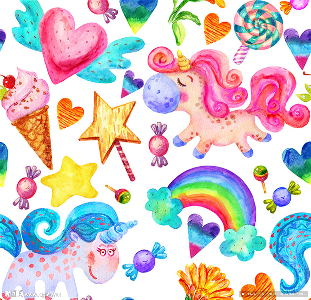 手绘水彩独角兽彩虹图案素材