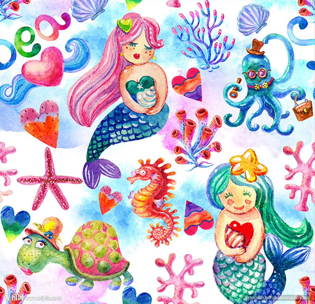 手绘水彩海洋美人鱼海龟海马素材