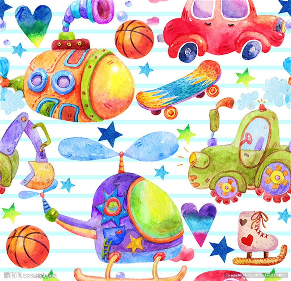 手绘水彩飞机汽车潜水艇滑板图案