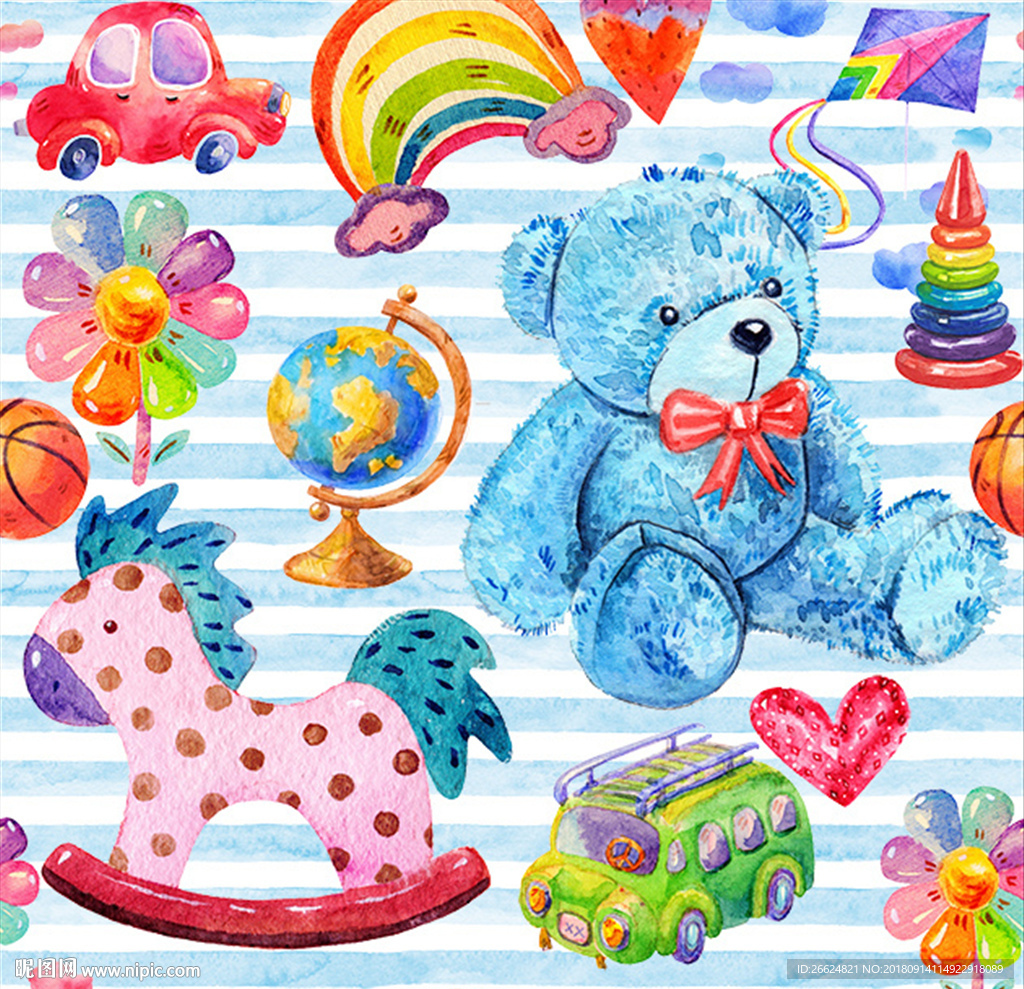 手绘水彩小熊木马彩虹汽车素材