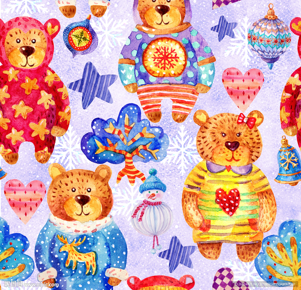 手绘水彩可爱圣诞熊图案素材