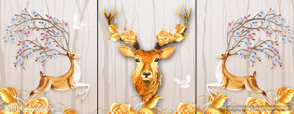 北欧麋鹿发财鹿金色装饰画三联画