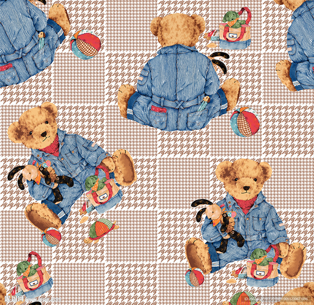 手绘千鸟格泰迪熊格纹图案素材