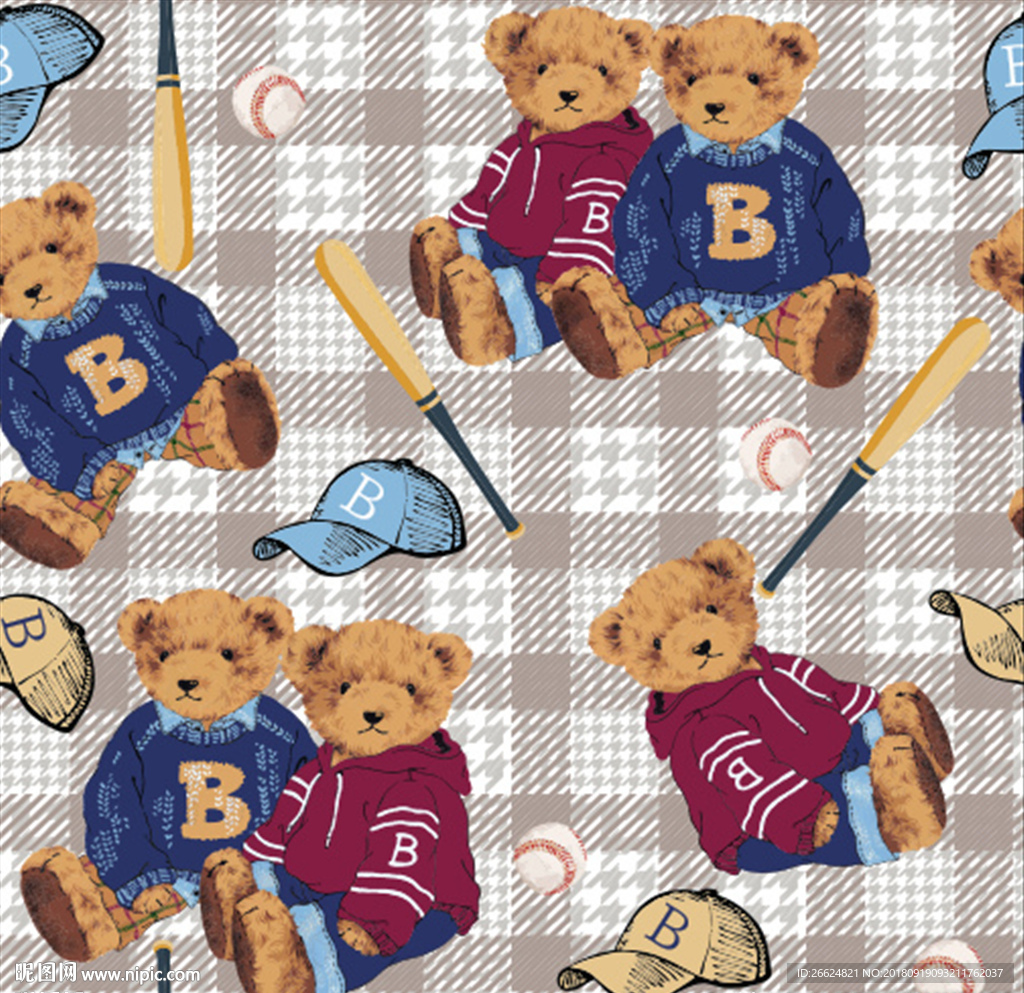 手绘千鸟格泰迪熊图案素材