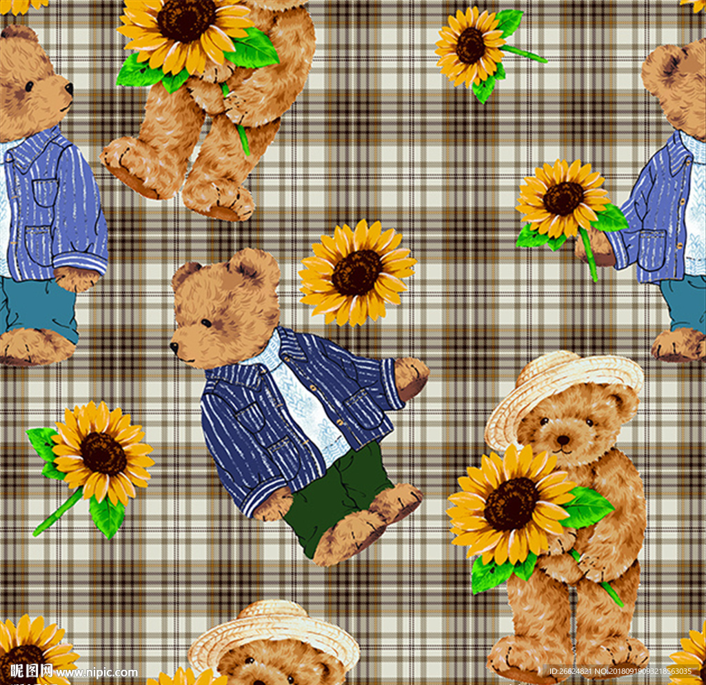 手绘向日葵泰迪熊格子图案素材