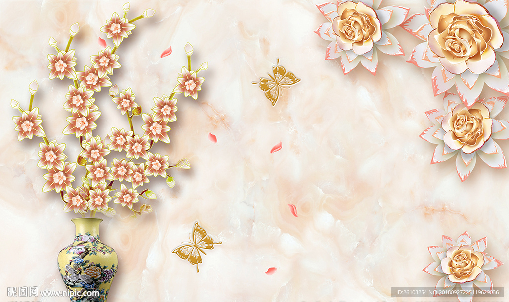 彩雕花瓶蝴蝶大理石电视背景墙