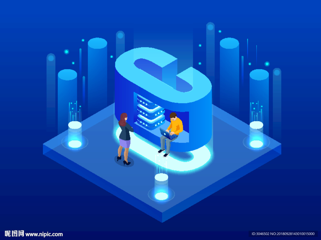 矢量抽象网络空间字母C立体插画