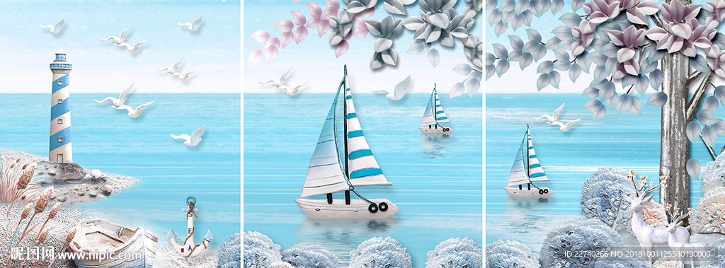 北欧地中海麋鹿森林三联画装饰画