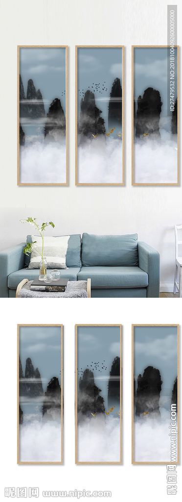 新中式风景白色云山金色飞鸟装饰