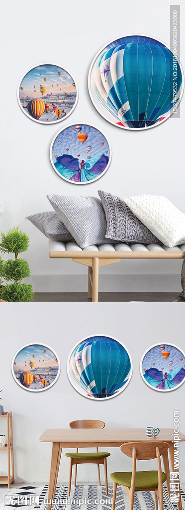 北欧蓝色热气球天空创意装饰画素